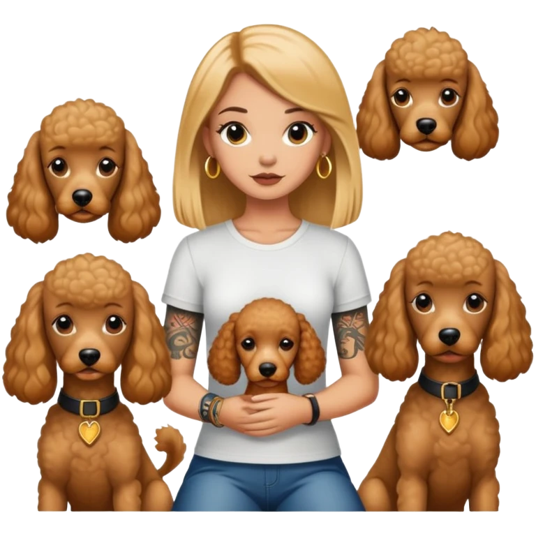 a  girl with glod  straight hair and tattoos and two brown poodle dogs emoji