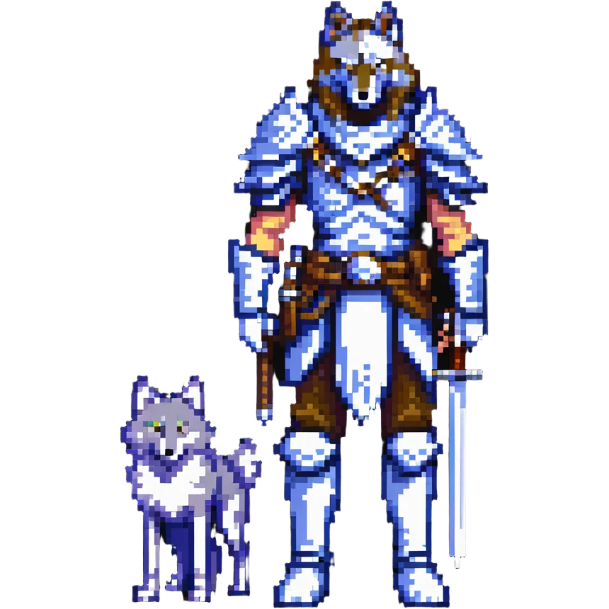 8-bit fantasy warrior standing beside loyal wolf companion emoji