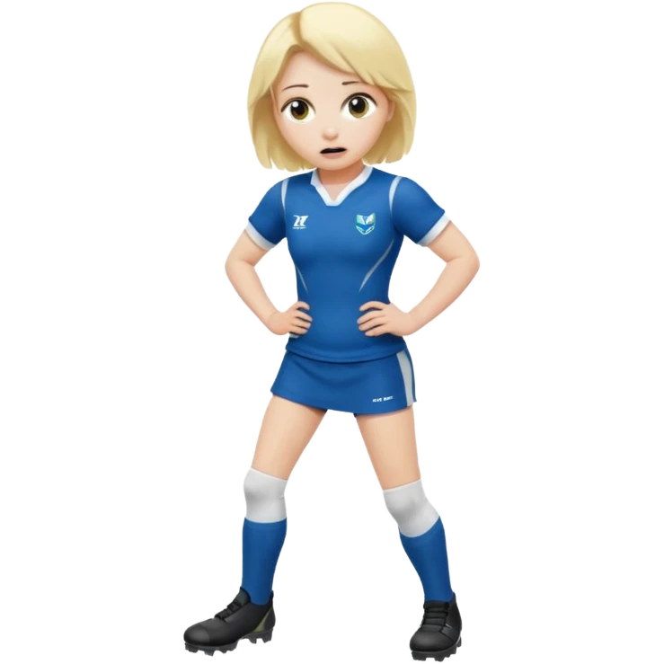 chica rubia con cara de miedo vestida con equipación de rugby con unas botas de presoterapia emoji
