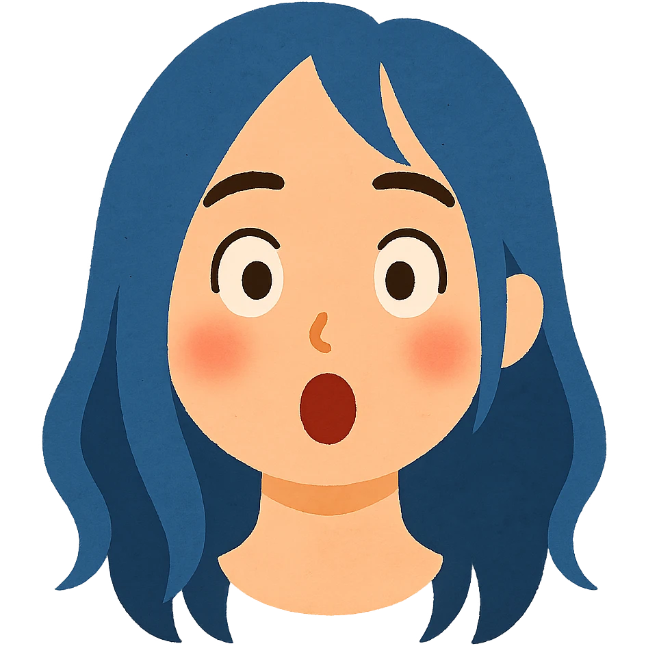 Create a soft cartoon face of Billie Eilish's head in the style of the reference image with simple features, no background. Use blue hair and a different facial expression: surprised. emoji