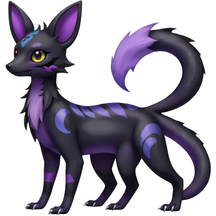 Rare epic aesthetic iridescent spooky gloomy colorful Salandit-Umbreon-Eevee-Genet-species-Fakemon-hybrid-creature, with markings, full body emoji