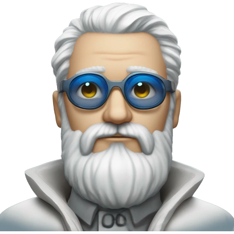 Homme grande barbe blanche chauve yeux bleu lunette et manteau cyberpunk emoji