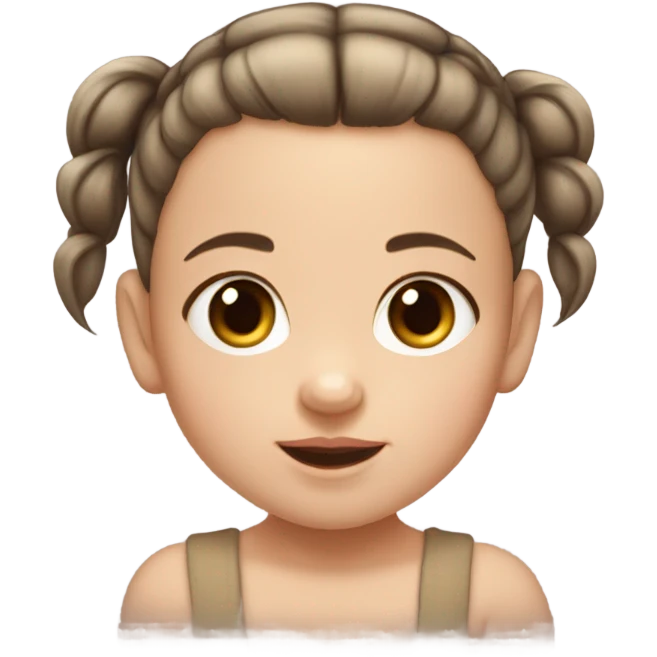 baby girl with super straight brown pigtails on top of head,  big dark brown eyes and pale white fair skin emoji