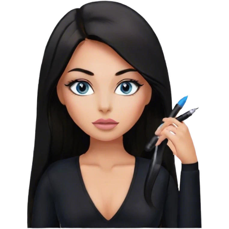Glamours make-up, tanned, beautiful, girl, with blue eyes, big pump peach-beige-rose lips, eyeliner, long lashes, black straight smooth silky long hair, parting hair in the middle,  in black v-neck bodysuit long sleeves emoji