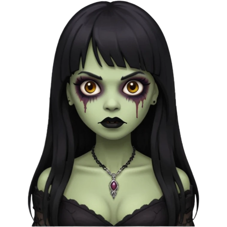 vampira gótica parda zumbi de cabelo longo e preto e franja e roupa com decote e batom preto emoji