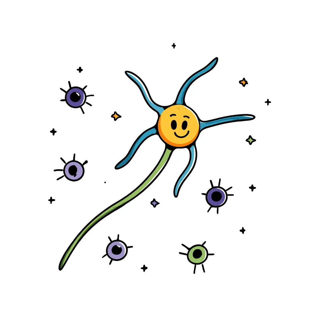 Neuroprotective mechanism illustration: central yellow neuron with orange cell body, blue dendrites, and long green axon, surrounded by supportive glial cells in purple and protective molecules shown as small colored shields. Hand-drawn anatomical diagram with detailed cellular components. emoji