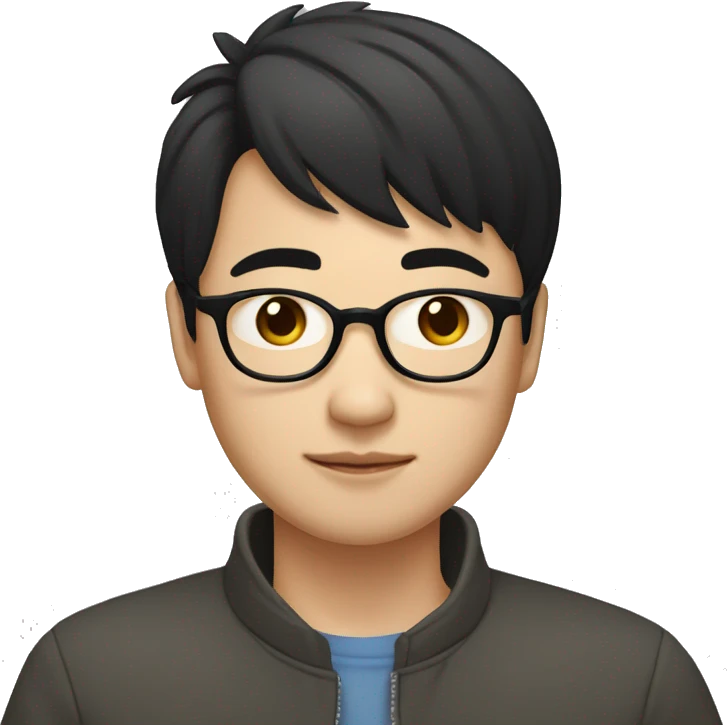 A young Chinese man with black hair, short hair, and a center cut. He has black framed glasses, small eyes, big nostrils, and a round face. He is working with a laptop in front of him emoji
