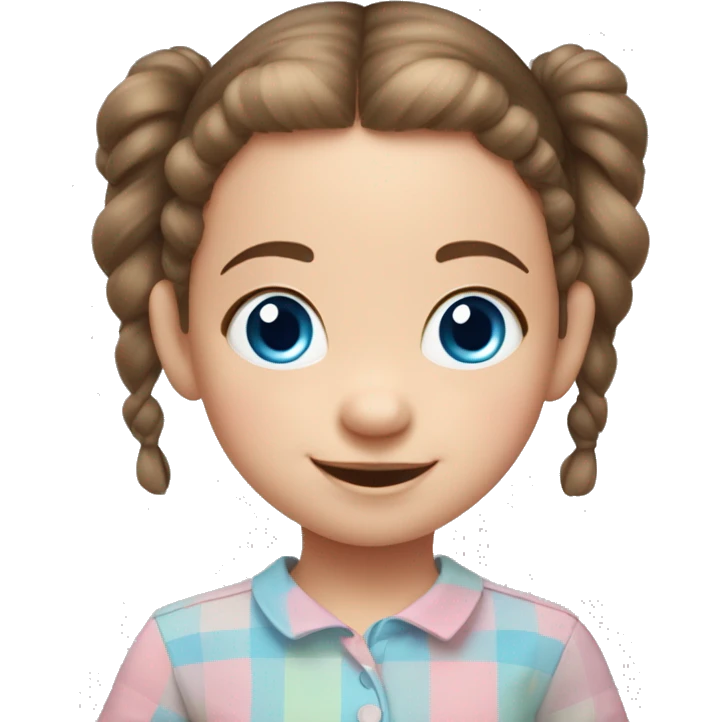 A toddler girl with 2 tiny pig tails on top of her hair with tiny bows, fair skin, blue eyes, brown hair, smiling, wearing a pastel shirt emoji
