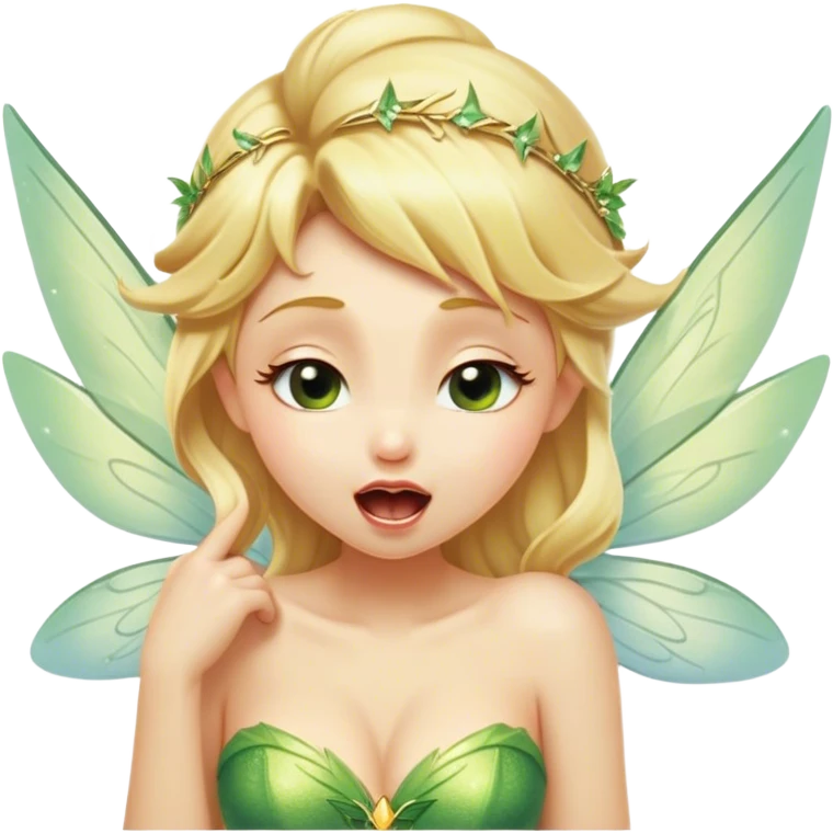 Cinematic Realistic Blonde Tinker Bell Fairy Portrait, head tilted slightly with a dramatic, wide-open yawn, revealing a tender, drowsy visage with intricately detailed golden blonde hair and softly shimmering wings gently drooping. Her sleepy, sparkling eyes exude a dreamy, ethereal charm, while the soft natural light and high shine emphasize every delicate detail—capturing the essence of an enchanting fairy drifting into a magical slumber. emoji