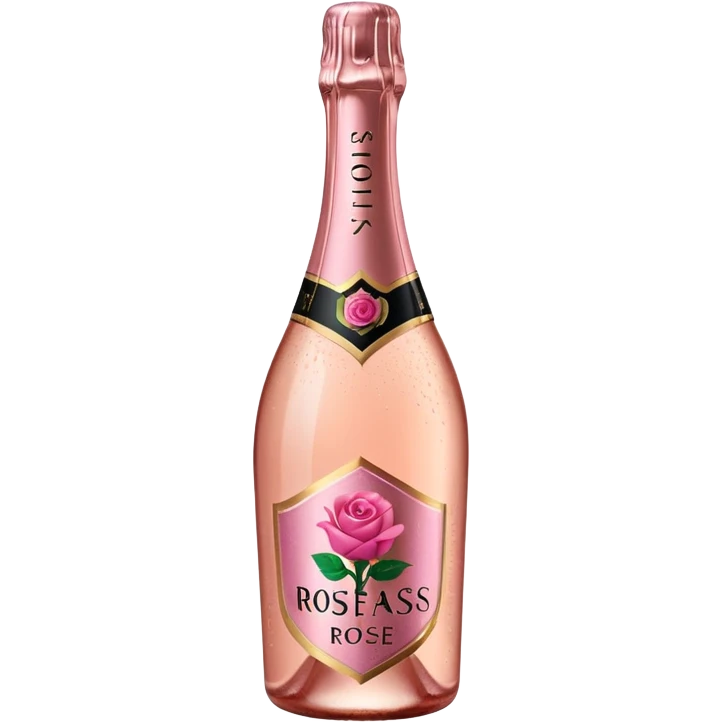 bottle of sparkling rosé with a rose logo on the label, tilted up and to the left, no glass emoji