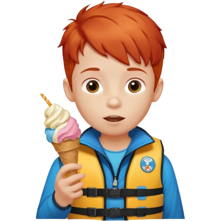 boy kid red haired wearing lifejacket, eating ice cream emoji