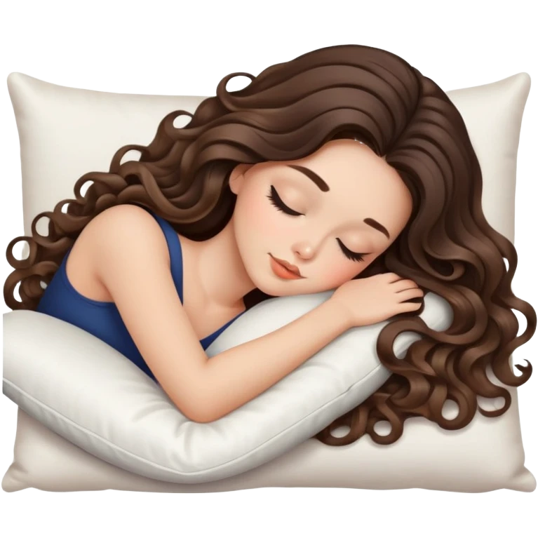 beautiful brunette with a light balayage white girl with nice curls/defined waves, very long hair, clean girl makeup SLEEPING ON A PILLOW emoji