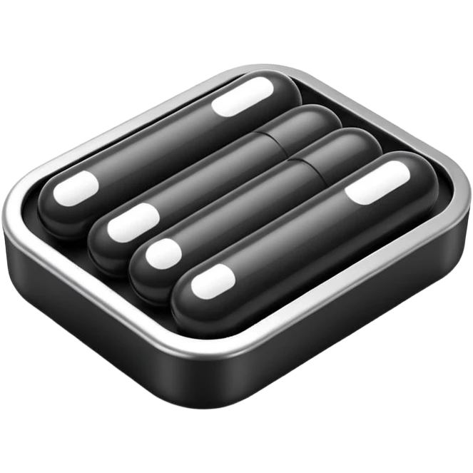 Minimalistic futuristic black medicine pills pack emoji, metallic black and white, reflective sleek surfaces, flat vector design, high-tech clean UI icon emoji