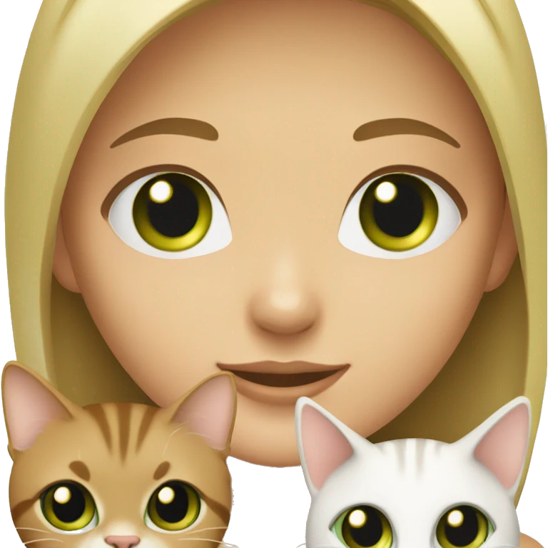 Blonde girl with green eyes holding two cats. One is white with green eyes and the other is a brown tabby emoji