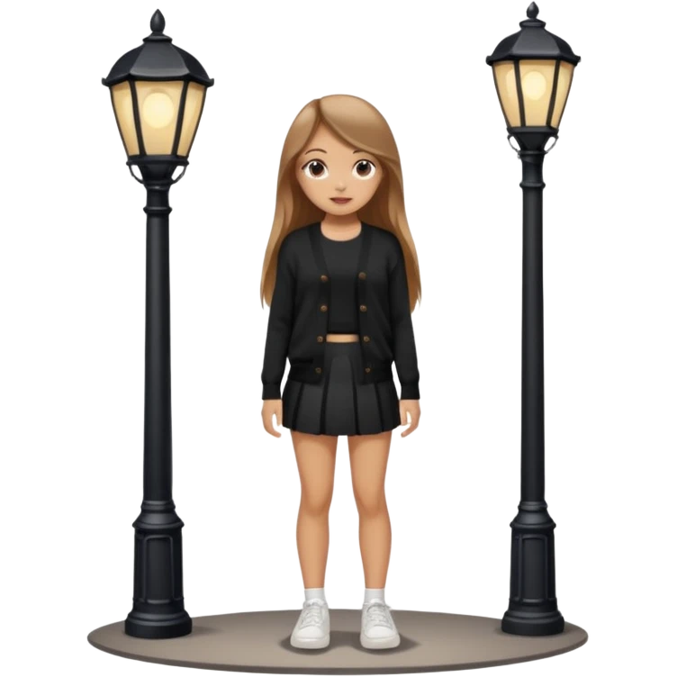 девушка с русыми длинными волосами,  в черной короткой юбке и вязаной черной кофте с дырками, в белых кедах рядом с фонарным столбом emoji