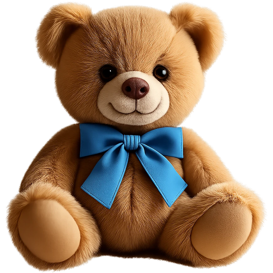 Isolate the realistic teddy bear with a blue ribbon and soft lighting on a transparent background, removing all other background elements. emoji