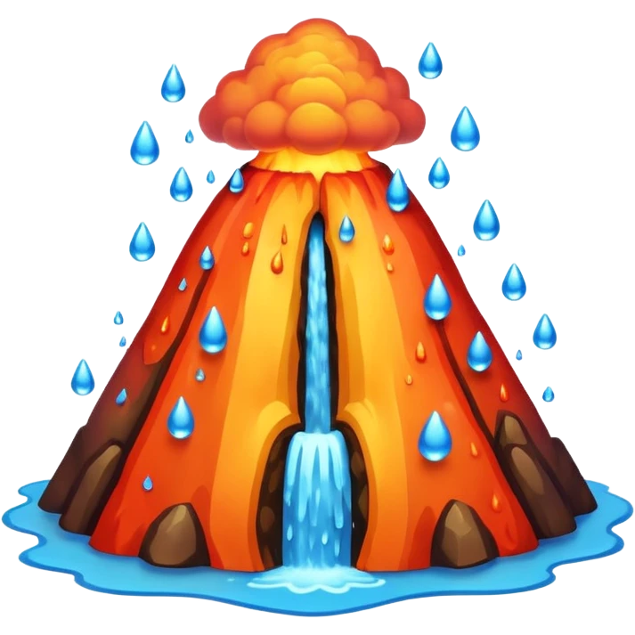 A cute, round emoji-style volcano with a smooth, simplified shape and soft shading. 
Instead of lava, the volcano erupts with colorful water droplets that pop upward in playful arcs. 
 emoji