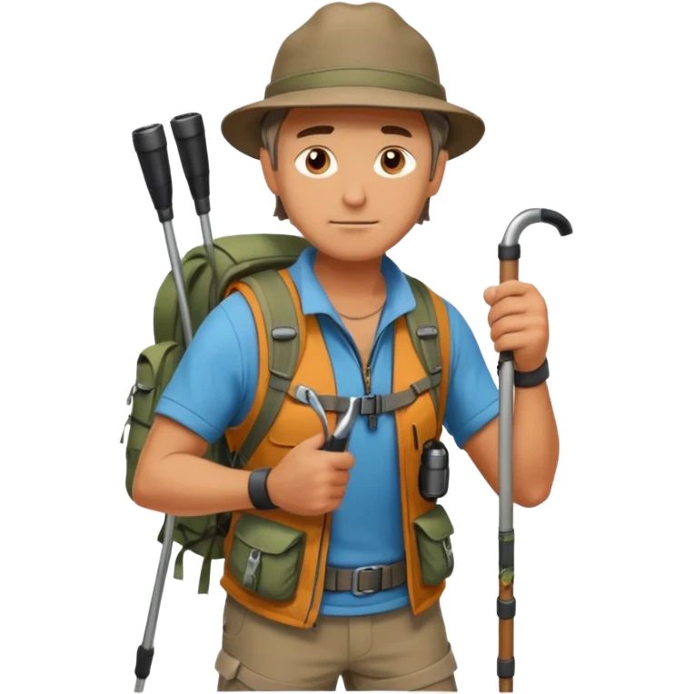 A rugged hiker adjusting hiking poles while preparing for a trek.


 emoji