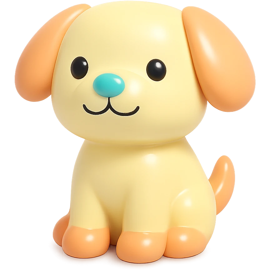              Transform {subject} into a soft vinyl figure with a smooth, glossy surface. The material should look slightly rubbery and tactile, with minimalistic curves and a matte-gloss hybrid finish. Use pastel or soft solid colors. The surface is seamless, with no visible textures or roughness. Studio lighting, vibrant background, clean, playful, designer toy aesthetic and no shadows. {subject} = dog, make sure the mouth has nice outlines emoji