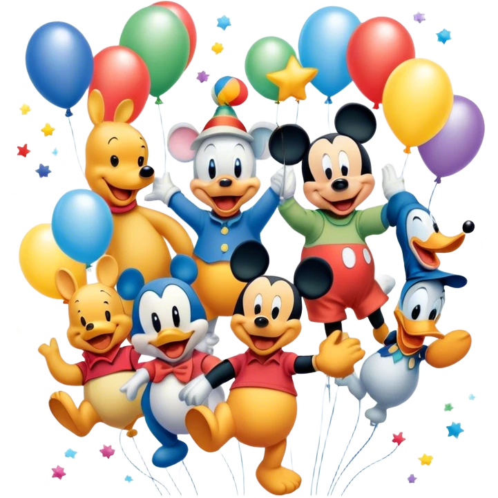 A colorful, playful close-up collage of classic cartoon characters like Goofy, Mickey Mouse, Donald Duck, Winnie-the-Pooh, and others. Bright, vibrant colors with cheerful expressions and fun elements like balloons and stars. Whimsical and nostalgic style. Transparent background. emoji