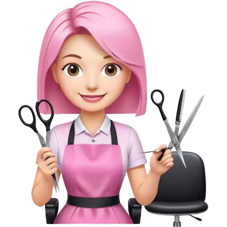 smiling woman client in pink apron sitting in salon chair, female hairstylist smiling behind with scissors emoji