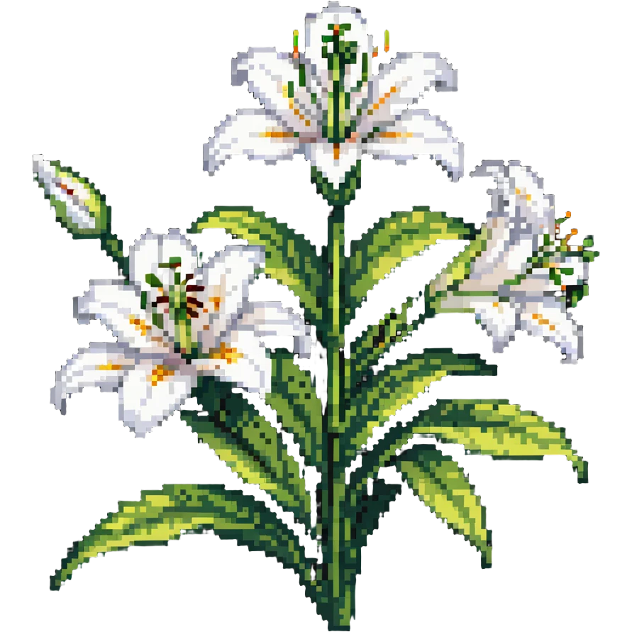 white lily flower with six petals, bud, and green leaves emoji