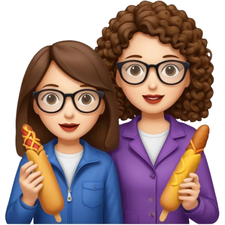 Two brunette girls, one with straight hair, one with curly hair and glasses, eating corn dogs  emoji