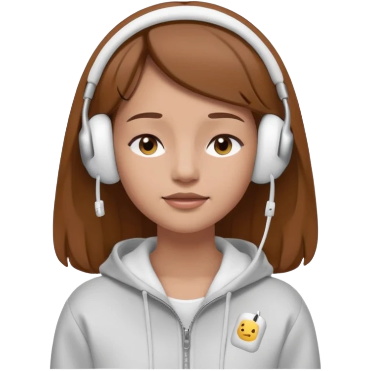 A clean, minimal emoji-style illustration of a light-skinned girl with brown hair worn loose. Her eyes are closed while listening to music with silver AirPods Max. She’s wearing a white zip-up hoodie. Smooth 3D emoji style, soft lighting, neutral tones. emoji