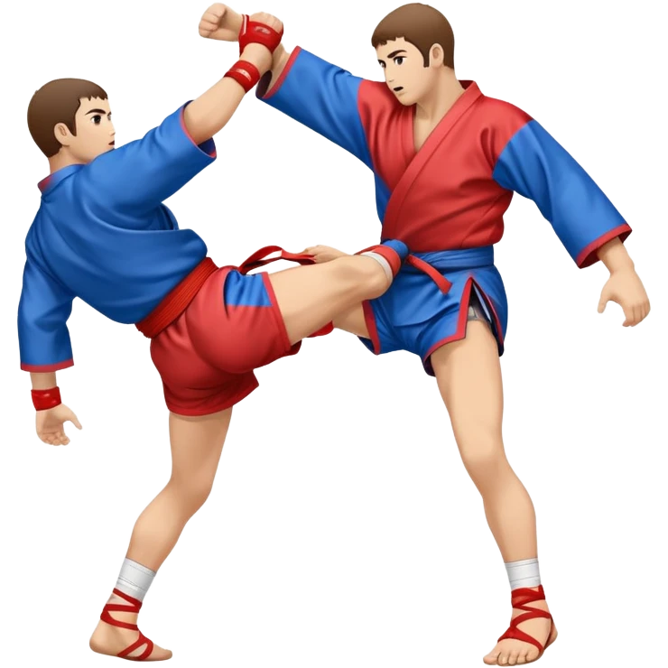 An icon symbolizing Sambo, featuring two fighters in blue and red kimonos with shorts and wrestling shoes. One executes a powerful throw, while the other attempts a defensive grab. The fighters are engaged in a grapple, using joint locks and sweeps.  emoji