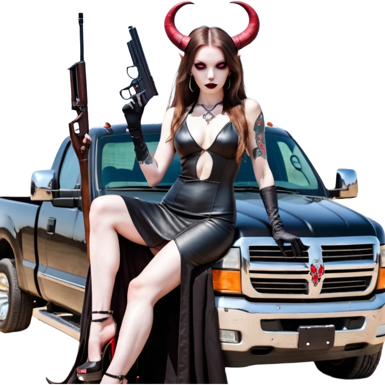 Lilith model red eye sexy black  devil horns.  long brown haired sexy succubus woman with leather long dress slit, sitting on big Large F350 pickup truck. Black Platform high heels on feet. Tattoo sleeve arms, dead human skull of her ex skull is on top of stack of cash and a gun in  hand emoji