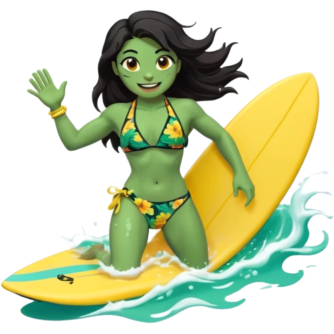 ork female holding small yellow bodyboard, running through shallow turquoise waves, muscular green body, bright floral bikini, fierce joyful grin showing tusks, long wet dark hair splashing, foam and spray, minimalist beach and ocean background, centered emoji, vibrant summer colors, sticker style emoji
