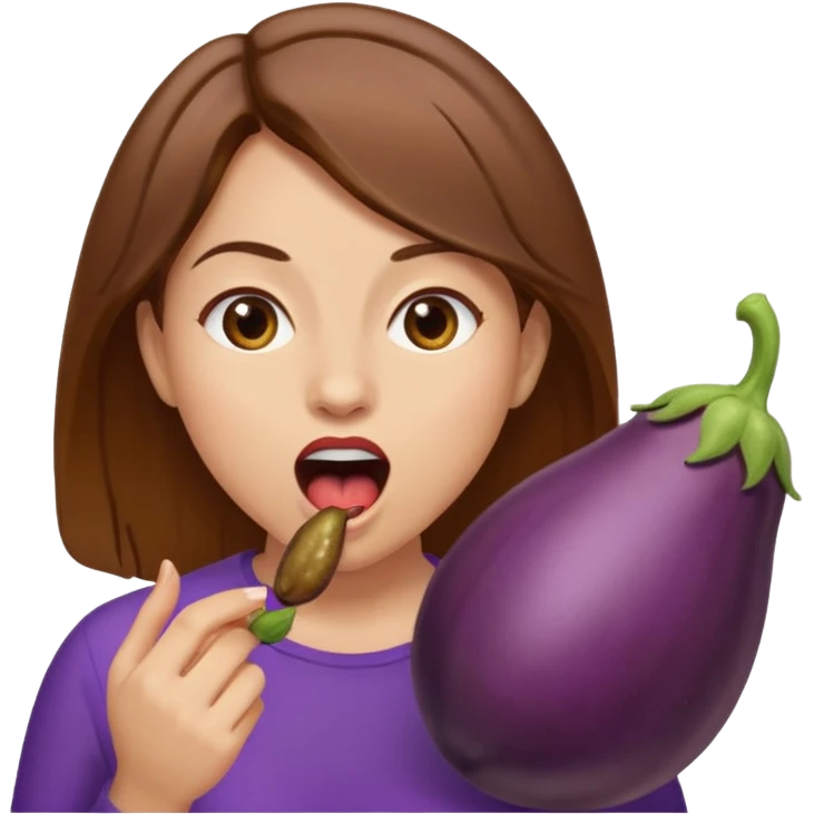 Brown hair light skin woman mouth open about to eat an eggplant emoji