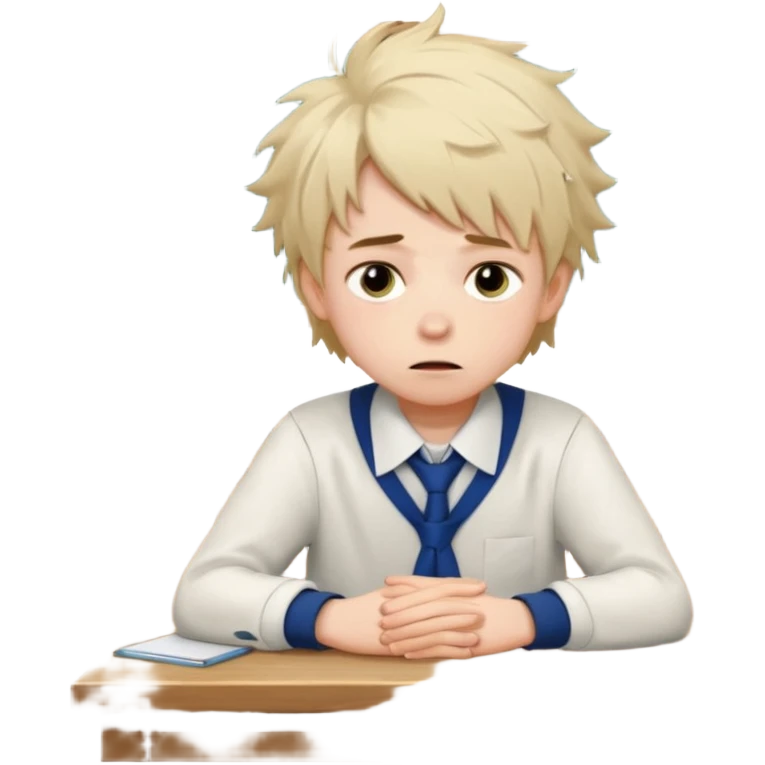 an anxious boyin school uniform sitting in front of a table emoji