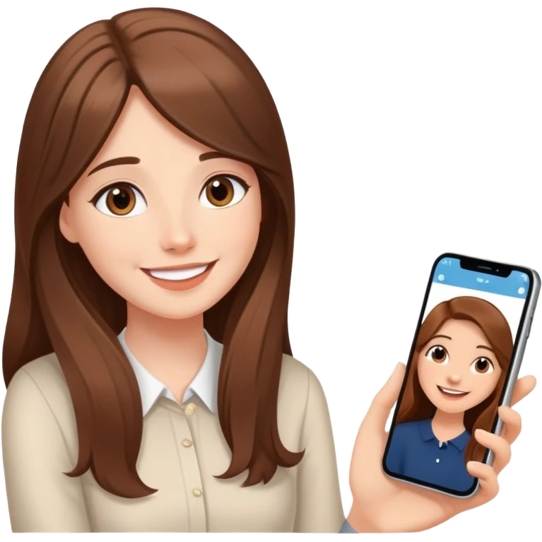 Girl with long brown hair talking to her boyfriend on video call, smiling sweetly elegant cute delicate  emoji