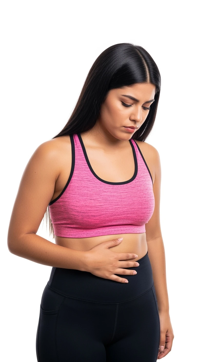 DONNA fitness CHE SI TOCCA LA PANCIA CON ESPRESSIONE DISPIACIUTA IN VOLTO PERCHé DEVE DIMAGRIRE, ISOLATO SU SFONDO BIANCO emoji