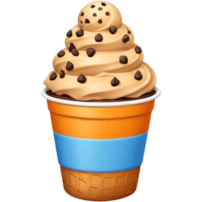 Orange and chocolate Ice cream with a chocolate chip on a top and in a cartoon white blue line cup  emoji