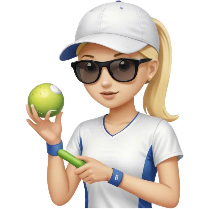 Girl with blond hair in a ponytail wearing a white baseball cap and sunglasses holding a  pickleball emoji
