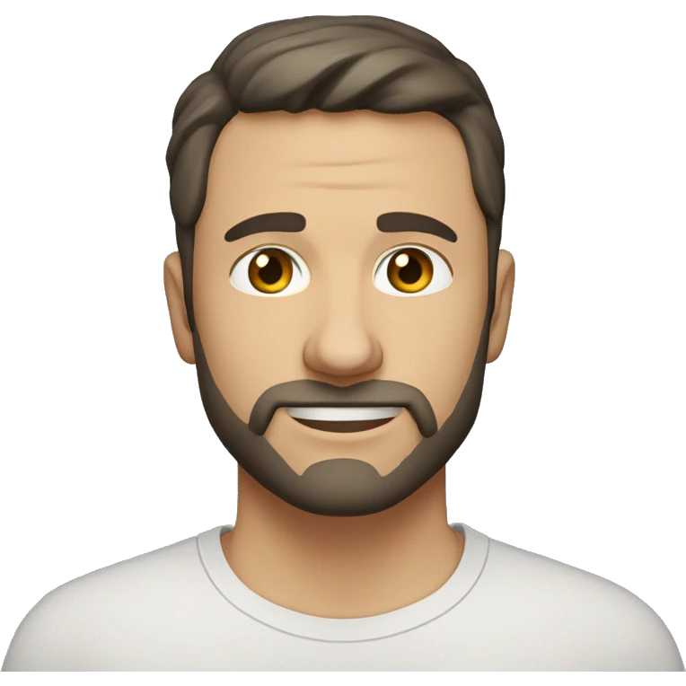 A head and shoulders shot of a 37 year old Caucasian man, with short black hair, with short beard facial hair,   with brown eyes wearing a t-shirt. emoji