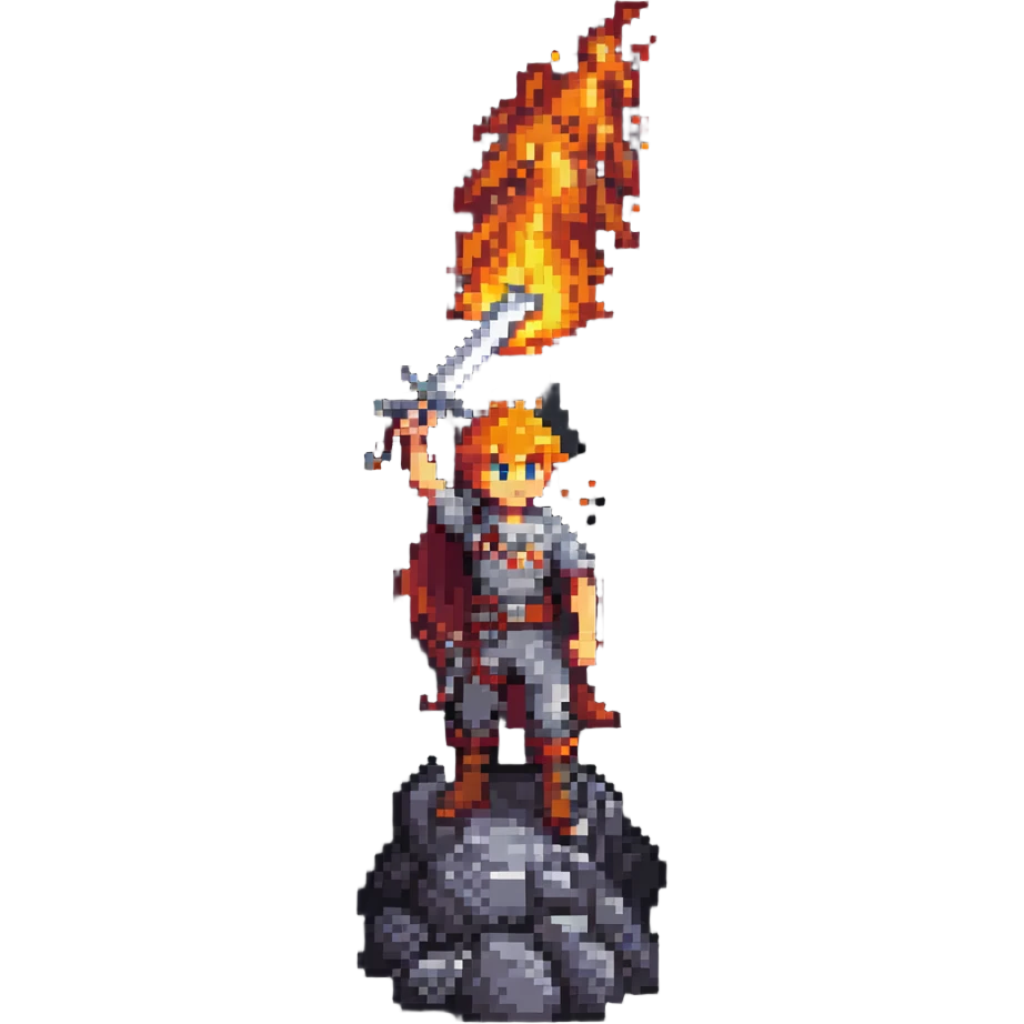 a boy with a flaming sword standing on a volcano, pixel art style emoji