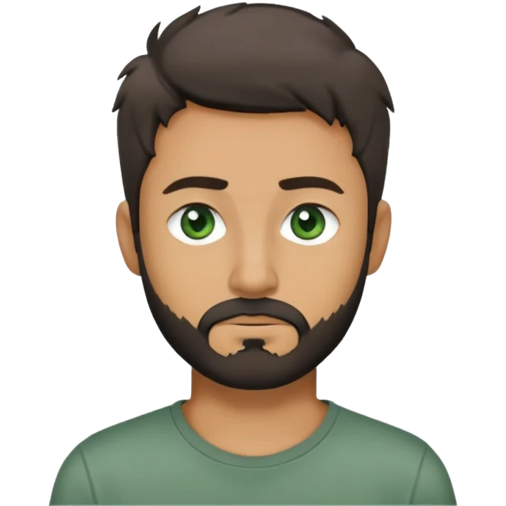 man with dark messy short hair, dark green eyes, gray T-shirt, and short beard emoji