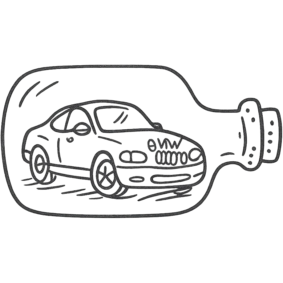 a BMW car inside a glass bottle, hand drawn sketch style emoji
