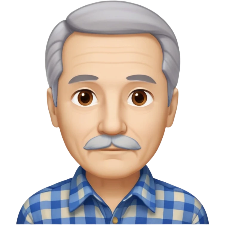 Senior Hispanic man with light complexion. Elongated face with wise expression. Relaxed brown eyes with gentle gaze. Thin eyebrows. White mustache connected to chin beard. Gray-white straight hair swept back. Wearing a beige and blue plaid long-sleeved shirt. emoji