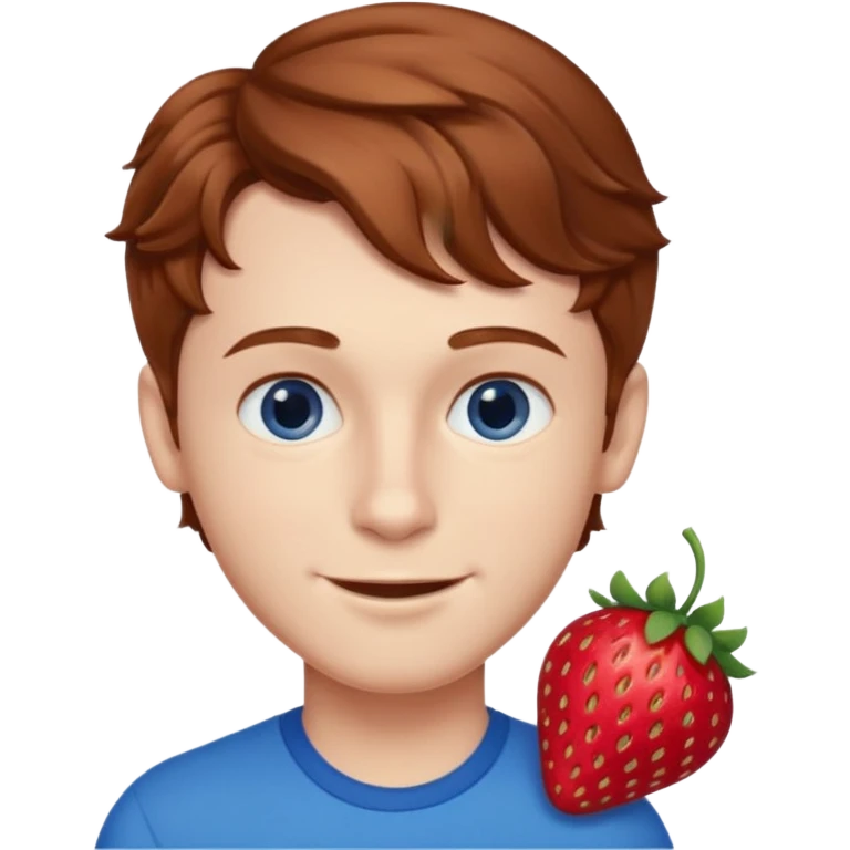 Please generate a portrait of a boy. He has wavy, light brown to reddish-brown hair, a right side parting, longer sideburns, blue eyes, a snub nose, and a somewhat pronounced, strawberry-red pout. He is smiling. emoji