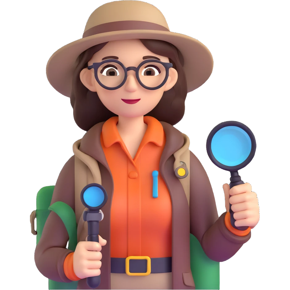 Curious professional woman explorer with glasses, modern outdoor equipment, single magnifying glass, stylized 3d look emoji