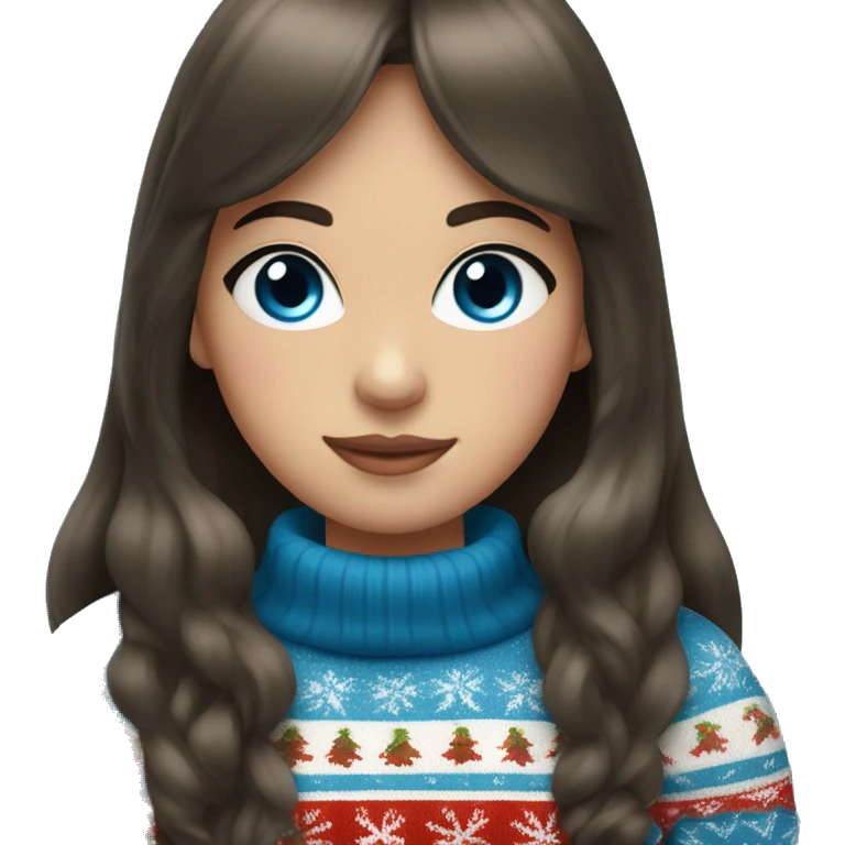 A girl with bangs of dark brown hair and blue eyes in a Christmas sweater emoji