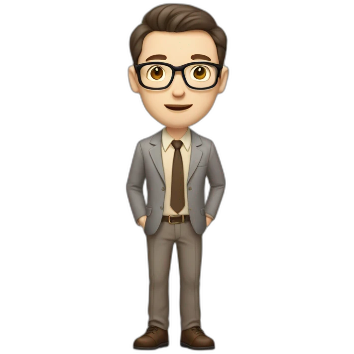 Full height Actively Gesturing Pale skinned fit man with dark brown hair in gray jacket, beige office shirt, brown tie, brown pants and vintage glasses. emoji