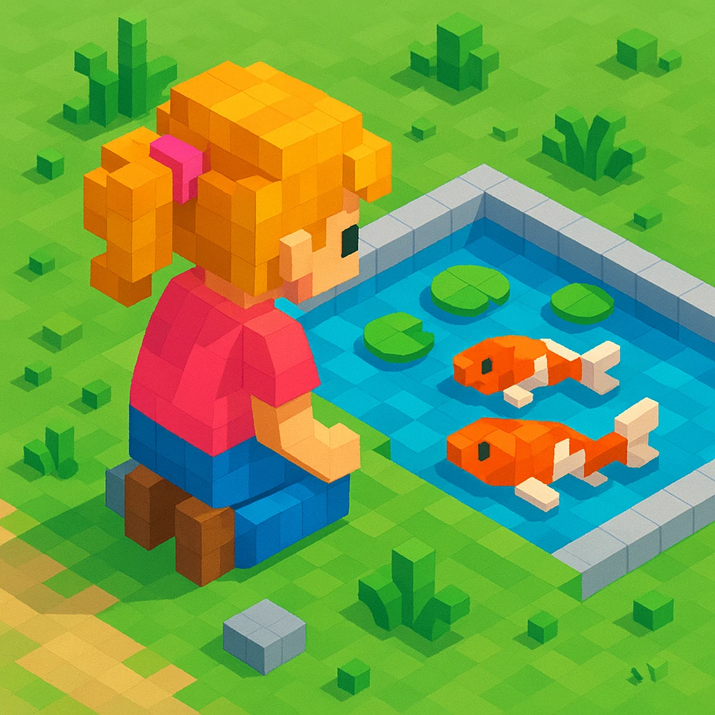 girl watching koi fish in a pond, realistic background emoji