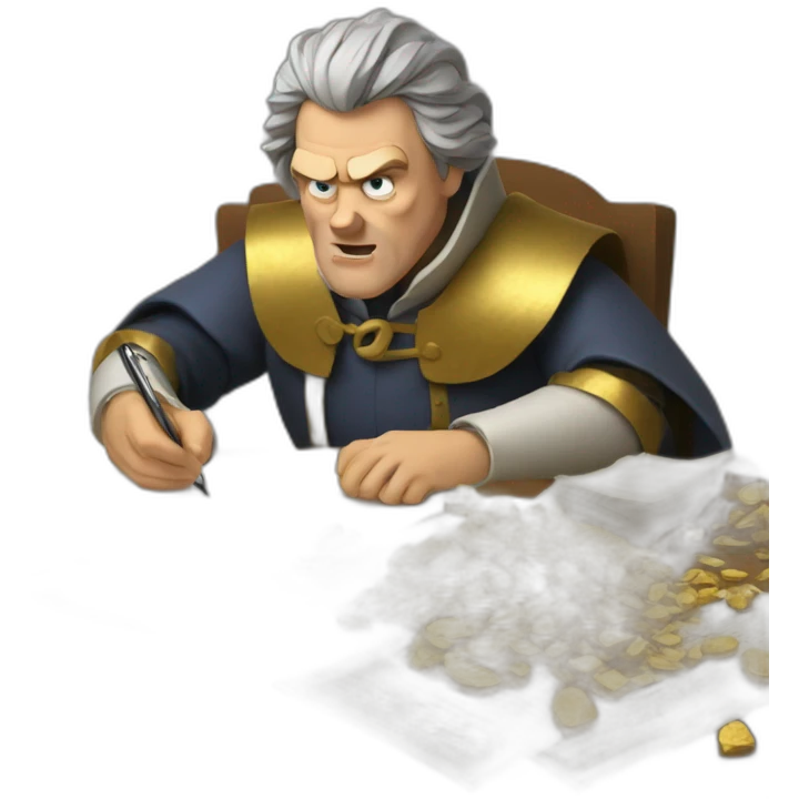 middle ages taxman, angry, writing on a paper, pile of gold emoji