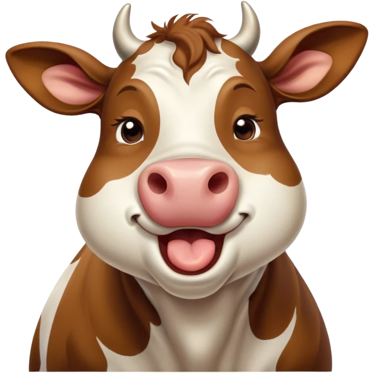 Cinematic Cute Yawning Brown and White Cow Portrait Emoji, Head tilted slightly with a dramatic, wide-open yawn, showcasing a smooth, patterned hide of brown and white, floppy ears slightly drooping, round brown eyes barely open in drowsy contentment, Simplified yet irresistibly adorable features, highly detailed, glowing with a soft, cozy glow, high shine, relaxed yet expressive, stylized with a touch of pastoral whimsy, bright and endearing, soft glowing outline, capturing the essence of a sleepy yet affectionate cow, so drowsy it feels like it could amble out of the screen and curl up for a nap! emoji