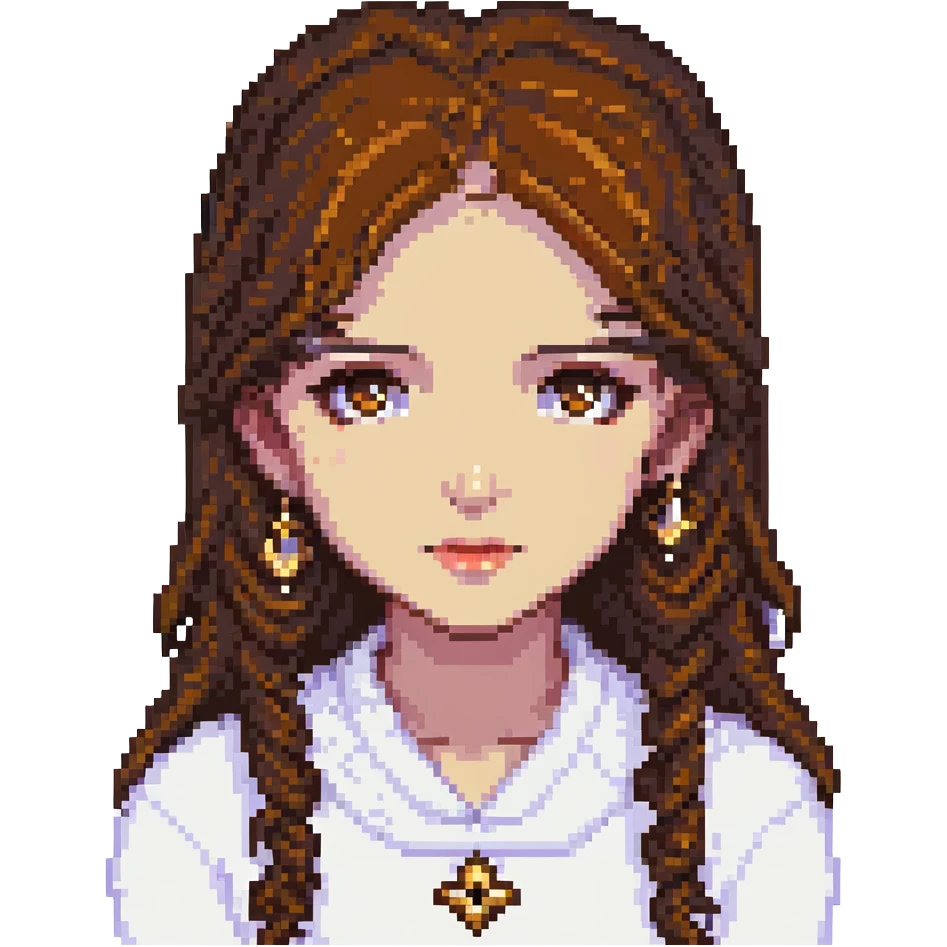 Change the girl's eyes to a rich brown color, keep the pixel art style and the park background. emoji